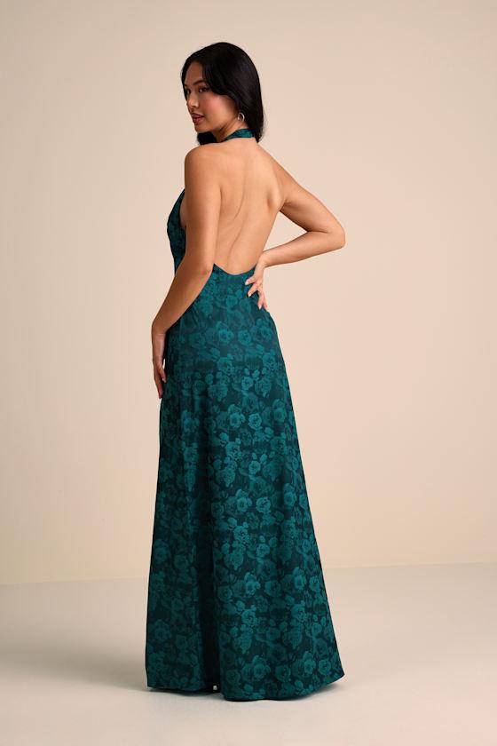 emerald green halter neck maxi dress Twist Neck Open Front Velvet Draped Gown main image 1