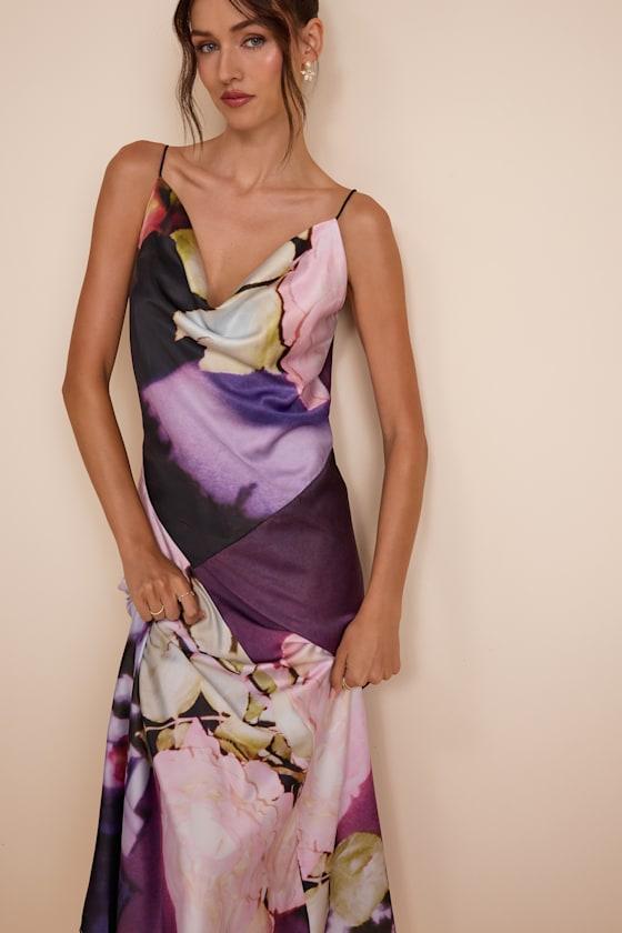 daisy street satin maxi dress Daisy Street Ellie Multi Floral Satin Cowl Neck Maxi Dress in Pink