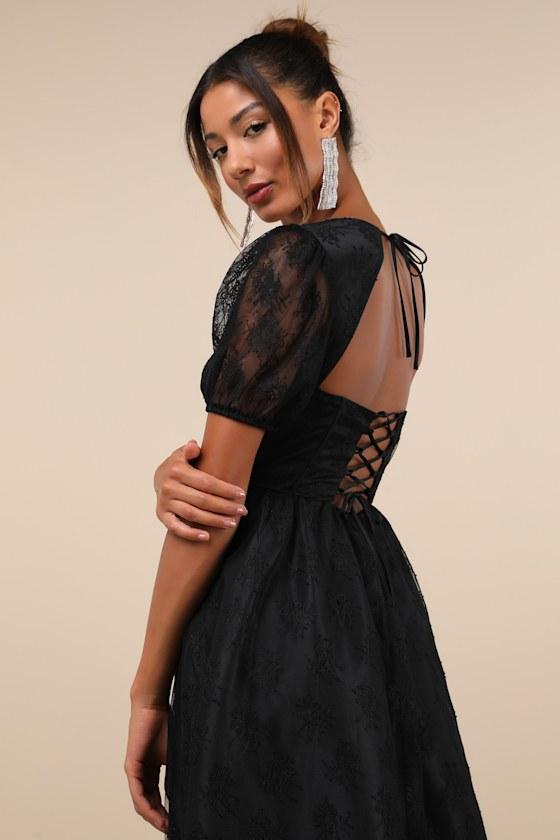 Oatty Dress Remarkable Black Lace Dress Lulus Lulus Remarkable Grace Lace  Puff Sleeve Bustier Midi Dress