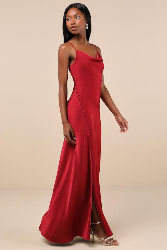 Lulus Truly A Beauty Satin Cowl Neck Side Button Maxi Dress in Red