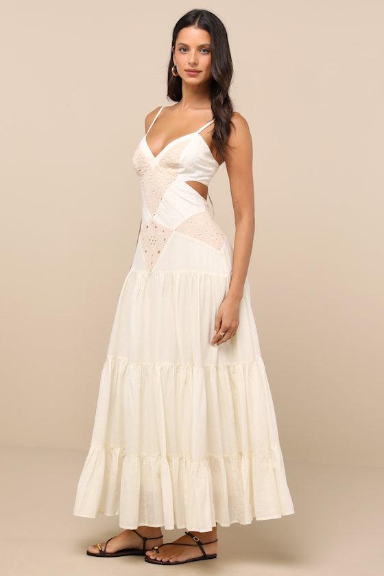 Lulus Maisha And Embroidered Drop Waist Maxi Dress in Natural | Lyst