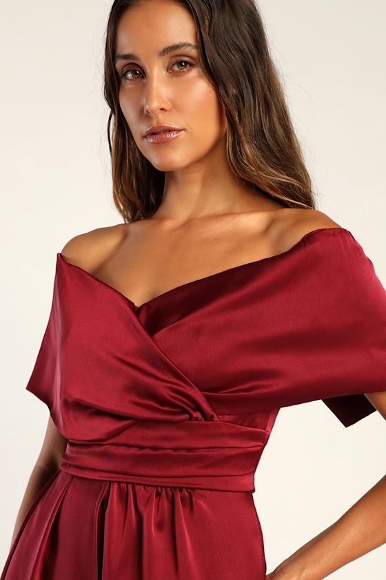 burgundy lulus off shoulder Lulus Always Celebrating Satin Off-The-Shoulder Mini Dress in Red Lyst UK