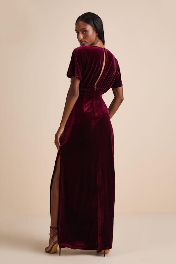 burgundy velvet cut out dress Zenaida Burgundy Cutout High Slit Velvet Gown