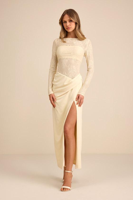 Lulus Nadina Pale Lace Long Sleeve Maxi Dress in Natural | Lyst