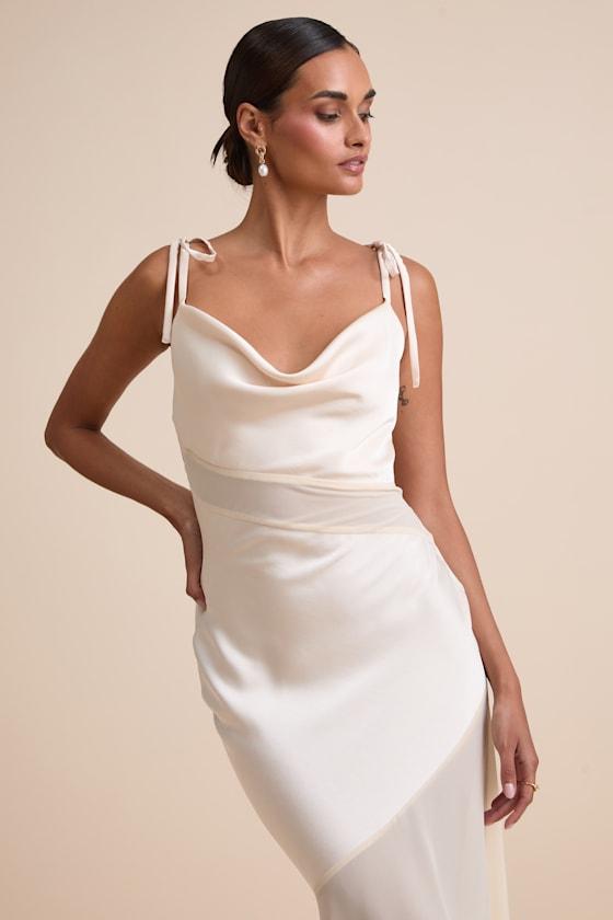 strictly romance white satin asymmetrical tiered midi dress Lulus Enara Cream Mesh Tie-Strap in Natural 57 Bust