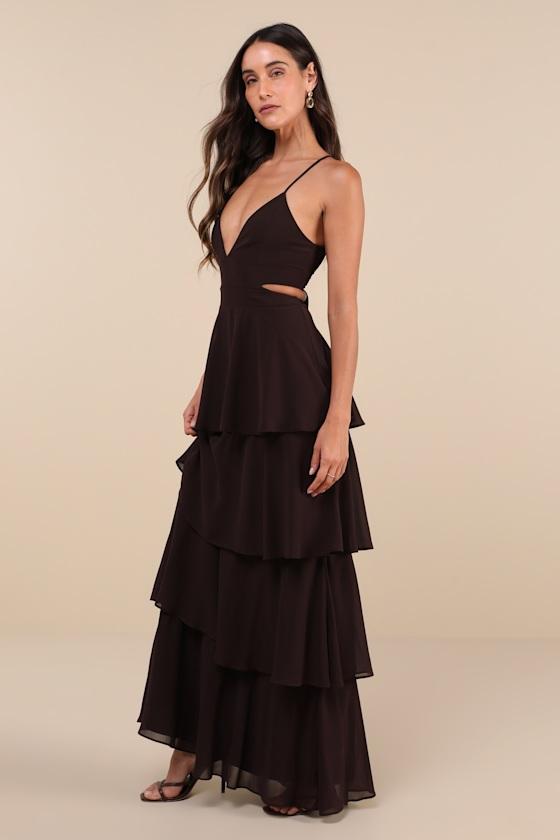 Lulus Tier And Now Dark Tie-Back Tiered Maxi Dress in Black | Lyst
