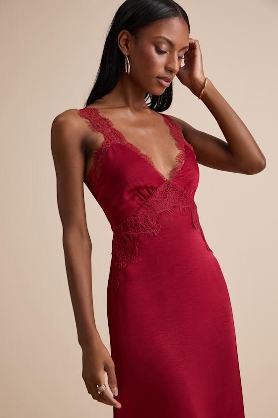 Lulus Alayah Satin Lace Tie-Back Midi Dress in Red Lyst UK
