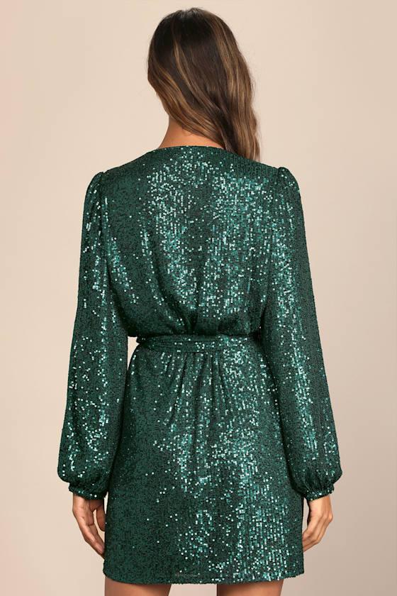Lulus Sparkly Darling Sequin Long Sleeve Wrap Dress in Green | Lyst