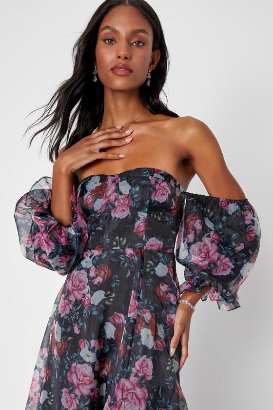 Lulus True Excellence Floral Bustier Off The Shoulder Gown in Black Lyst UK