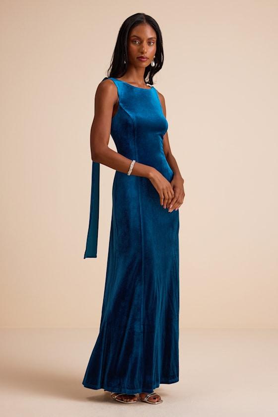 Lulus Liora Dark Velvet Boat Neck Sash Maxi Dress in Blue | Lyst
