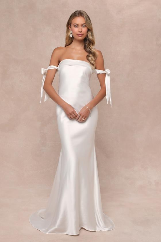 lulus white off the shoulder dress Greatest Hits White Satin Off-the-Shoulder Maxi Dress
