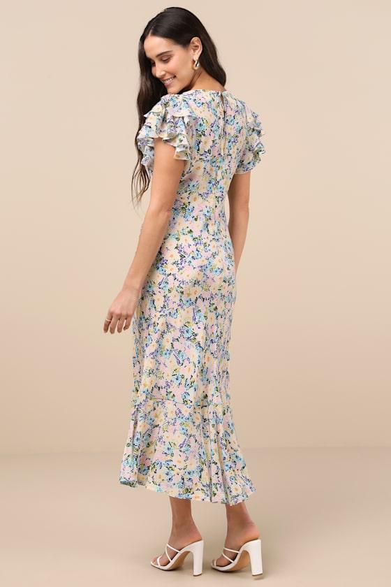 Astr Celestine Multi Floral Flutter Sleeve Midi Dress in Natural
