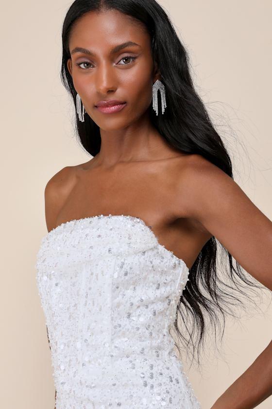 Lulus Essential Glamour Sequin Pearl Strapless Mini Dress in White