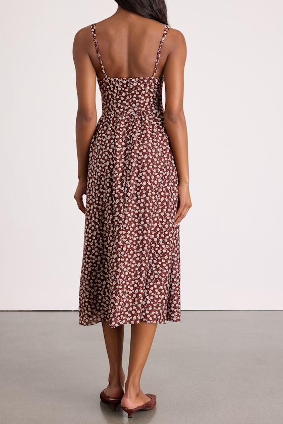 Lulus Janella Floral Basque Waist Midi Dress in Brown | Lyst