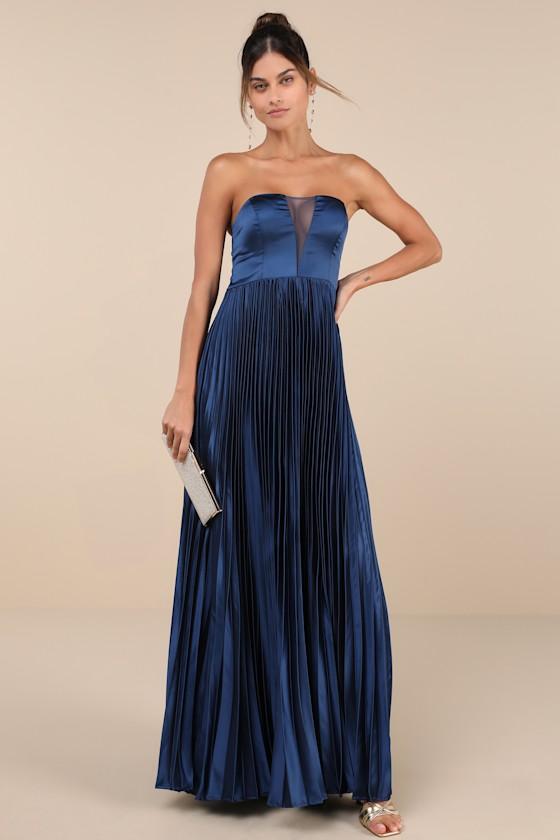 Lulus Perfected Elegance Satin Pleated Strapless Maxi Dress in