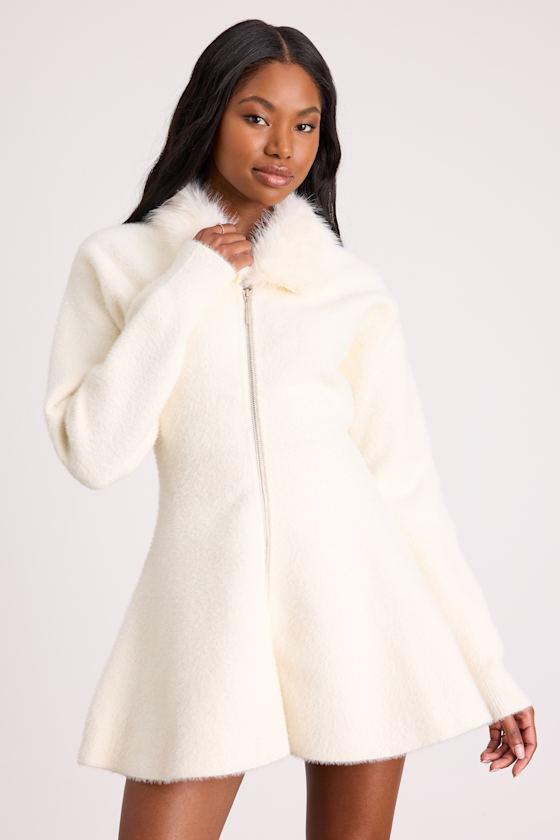 collared sweater mini dress Beige Striped Fuzzy Collared Mini Sweater Dress