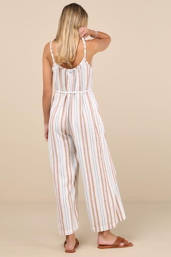 Roxy Gale Striped Linen Wide-Leg Jumpsuit in Natural Lyst UK