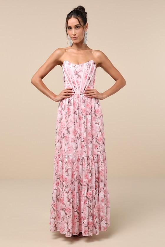 Lulus Special Moment Floral Strapless Bustier Maxi Dress in Pink | Lyst