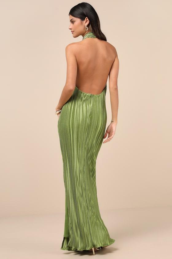 knee length dresses for ladies Lime Green Silk Satin Backless Dress with Feather Trim 14 / Green main image 0