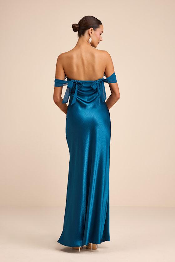 Lulus Alaida Satin Off-The-Shoulder Maxi Dress in Blue | Lyst