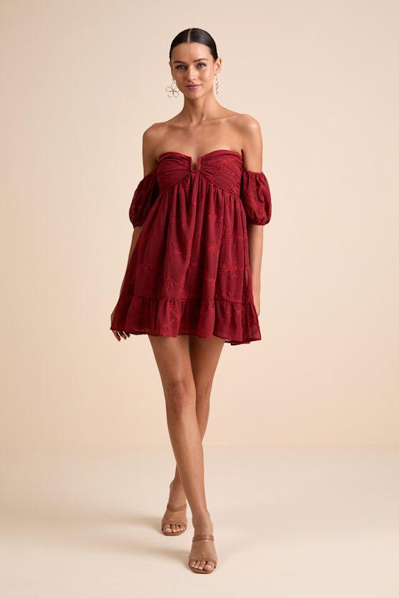 Lulus Cutest Icon Embroidered Off-The-Shoulder Mini Dress | Lyst