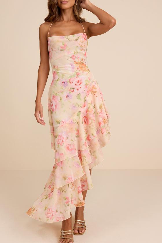 Lulus Mava Multi Floral Asymmetrical Maxi Dress in Natural | Lyst UK