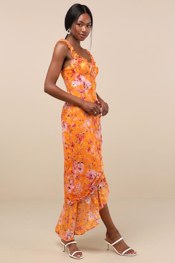 lulus orange floral dress Orange Floral Dress - Strapless Smocked Dress - Tiered Midi Dress