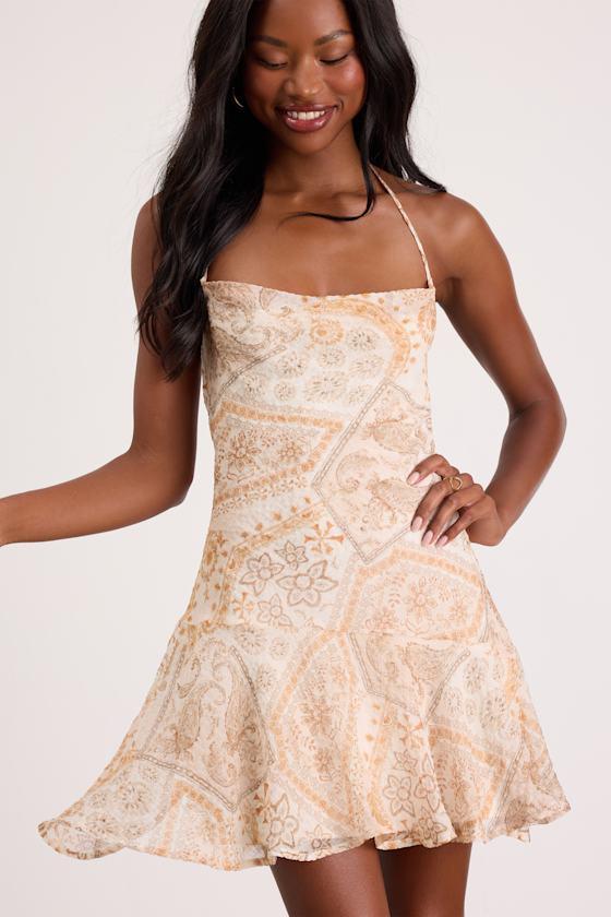 lulus boho print fringe halter mini dress reviews Lulus Nell Multi Boho Print Halter Mini Dress in Natural