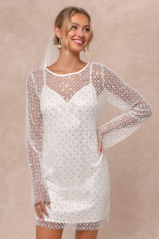 Lulus Glowing Charisma Sequin Pearl Mesh Long Sleeve Mini Dress in