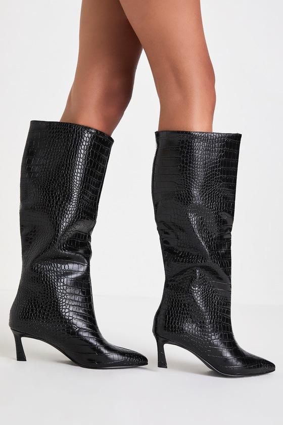 Steve Madden Lavan Croc-Embossed Leather Kitten Heel Knee-High Boots in  Black | Lyst UK