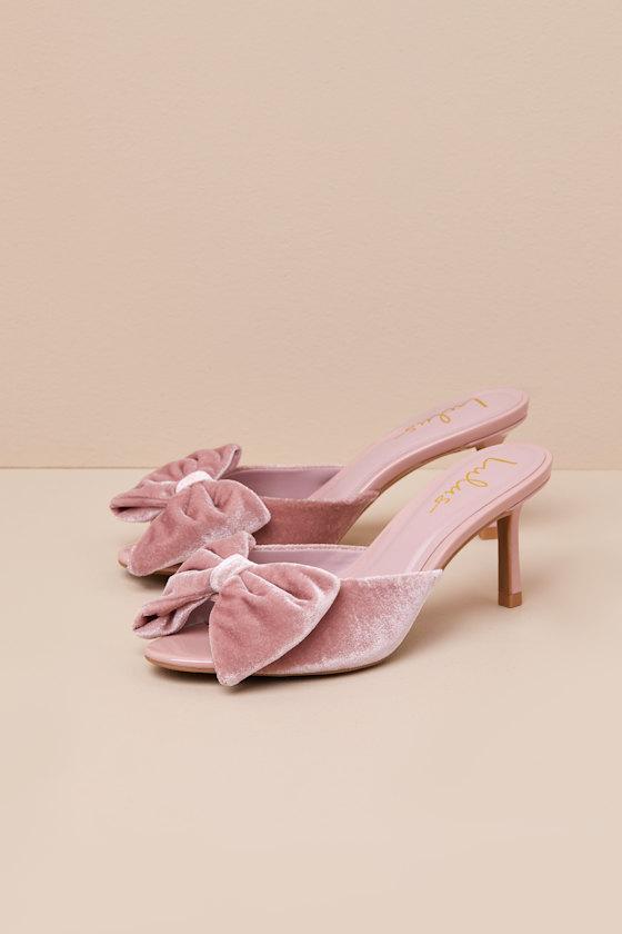 Lulus Kendyl Blush Velvet Bow High Heel Slide Sandals in Pink