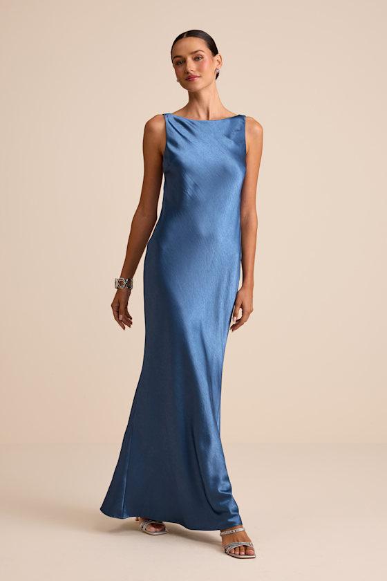 Lulus Janita Satin Sleeveless Cowl Back Maxi Dress in Blue | Lyst