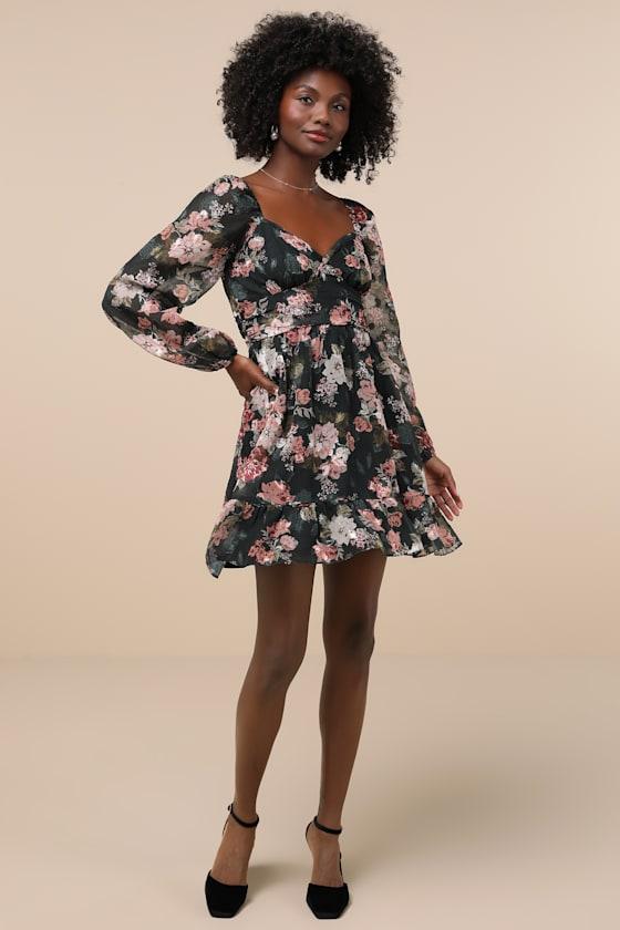 balloon sleeve skater dress Navy Blue Skater Dress - Balloon Sleeve Dress - Jacquard Dress