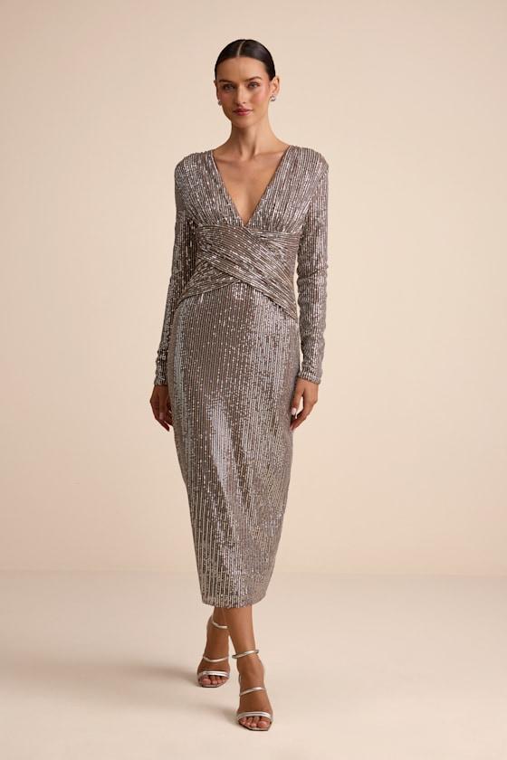 knee length dresses for ladies Lulus NWT Farah Pink Mauve V Neck Flowy Tie Flutter Sleeve Midi Wrap D –  Brie main image 1
