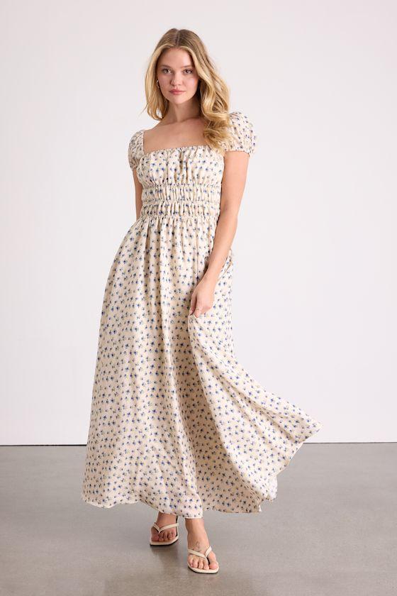 Lulus Wanda Ditsy Floral Tie-Back Puff Sleeve Maxi Dress in White | Lyst