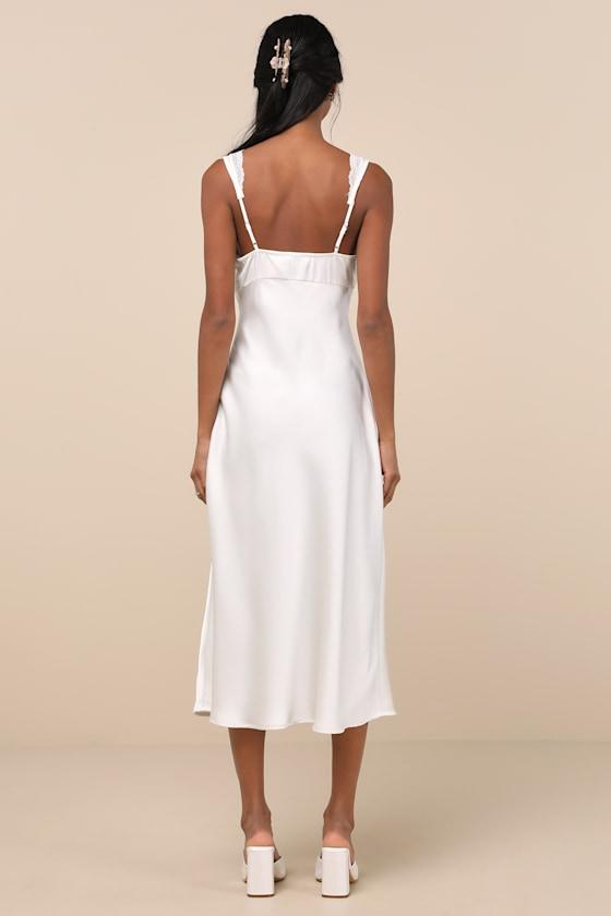 Lush Flirtatious Always Satin Lace Midi Slip Dress in Natural | Lyst