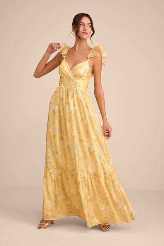 Lulus Soiree Perfection Floral Ruffled Tiered Maxi Dress in Yellow | Lyst Lulus Soiree Perfection Floral Ruffled Tiered Maxi Dress in Yellow | Lyst