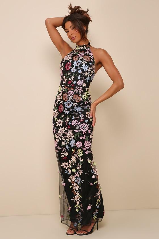 Lulus Infinite Praise 3D Floral Embroidered Halter Maxi Dress in