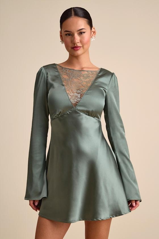 knee length dresses for ladies Green Satin Long Sleeve Mini Dress main image 0