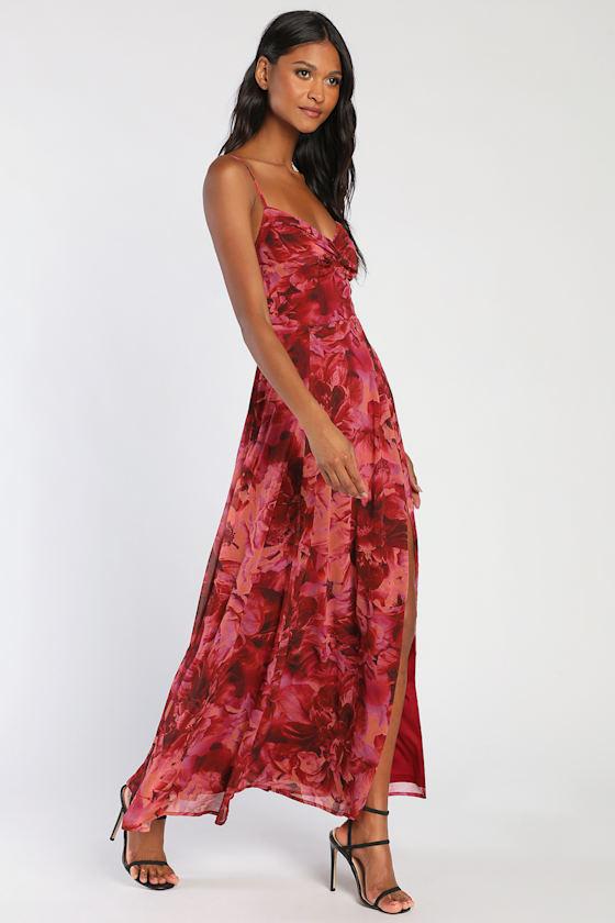 Lulus Beautiful Soul Floral Print Twist-Front Maxi Dress in Red