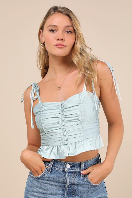 Lulus Elliena Mint Satin Ruched Tie-Strap Peplum Crop Top in Blue