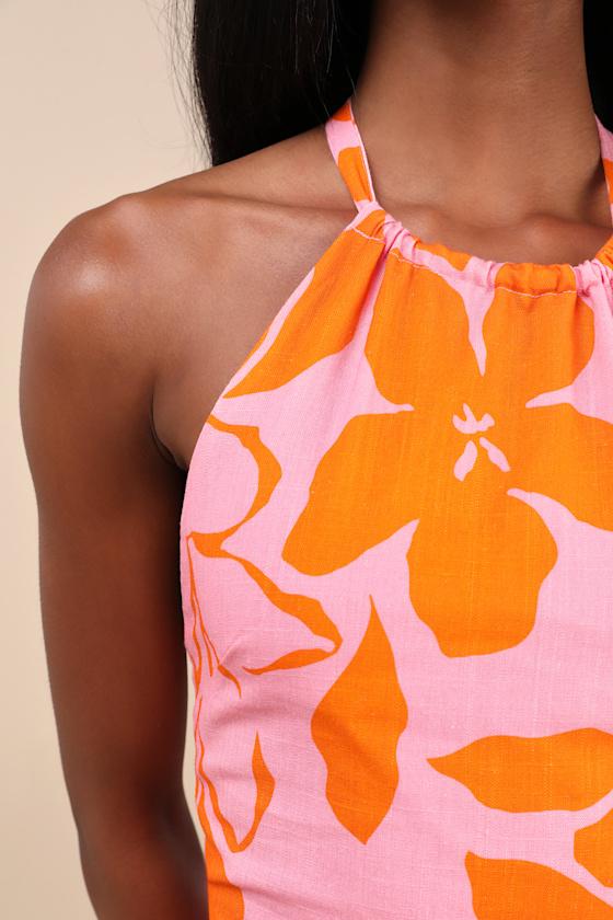 Rhythm Bora Bora And Floral Linen Halter Mini Dress in Orange
