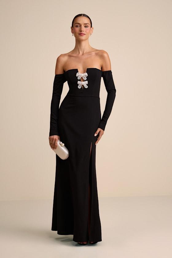 Lulus Lawton Off-The-Shoulder Notched Bow Maxi Dress in Black | Lyst