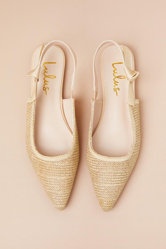 Lulus Galloway Natural Raffia Pointed-Toe Slingback Flats in Blue