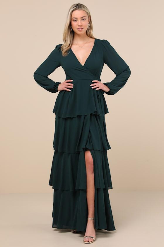 emerald green wrap maxi dress Jace Tiered Maxi Dress - Shimmer Emerald