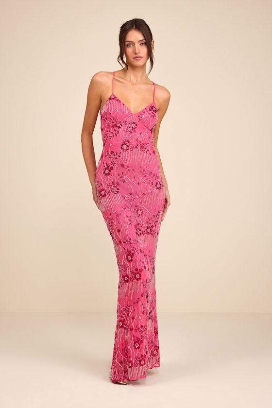 Lulus Arella Beaded Sequin Laxe-Up Maxi Dress in Pink