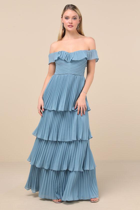 blue cheese dressing salad recipe Women Plus Size Solid Blue Off-Shoulder Neck Cold-Shoulder Sleeve  Thigh-High Slit Flared Maxi Dress main image 1