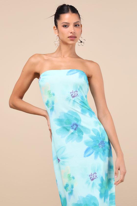 Lulus Jaylah Aqua Floral Mesh Strapless Midi Dress in Blue Lyst UK