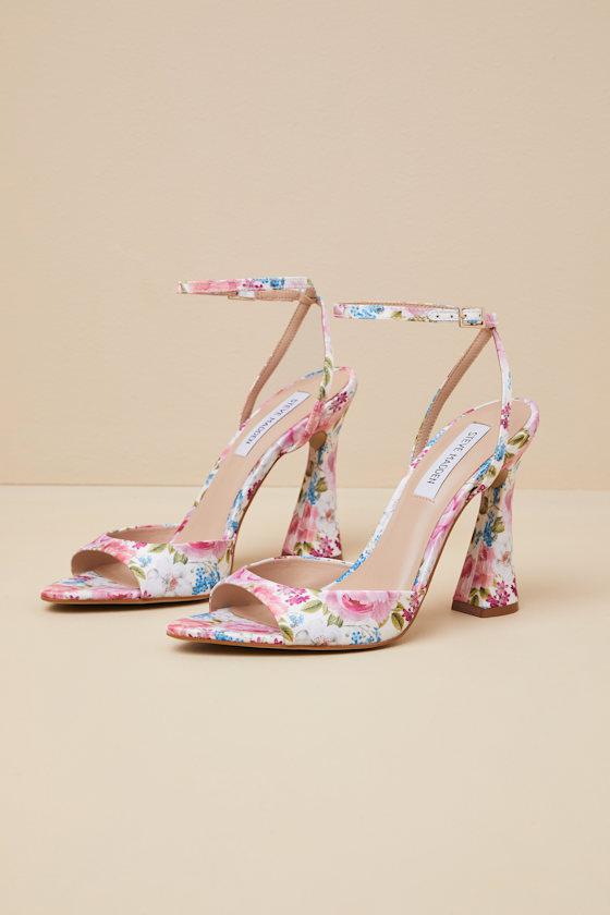 Steve Madden Beki Floral Multi Satin High Heel Ankle Strap Sandals in  Natural | Lyst