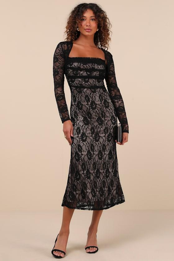 Lulus Certainly Iconic Lace Midi Dress And Shrug Set in Black Lyst